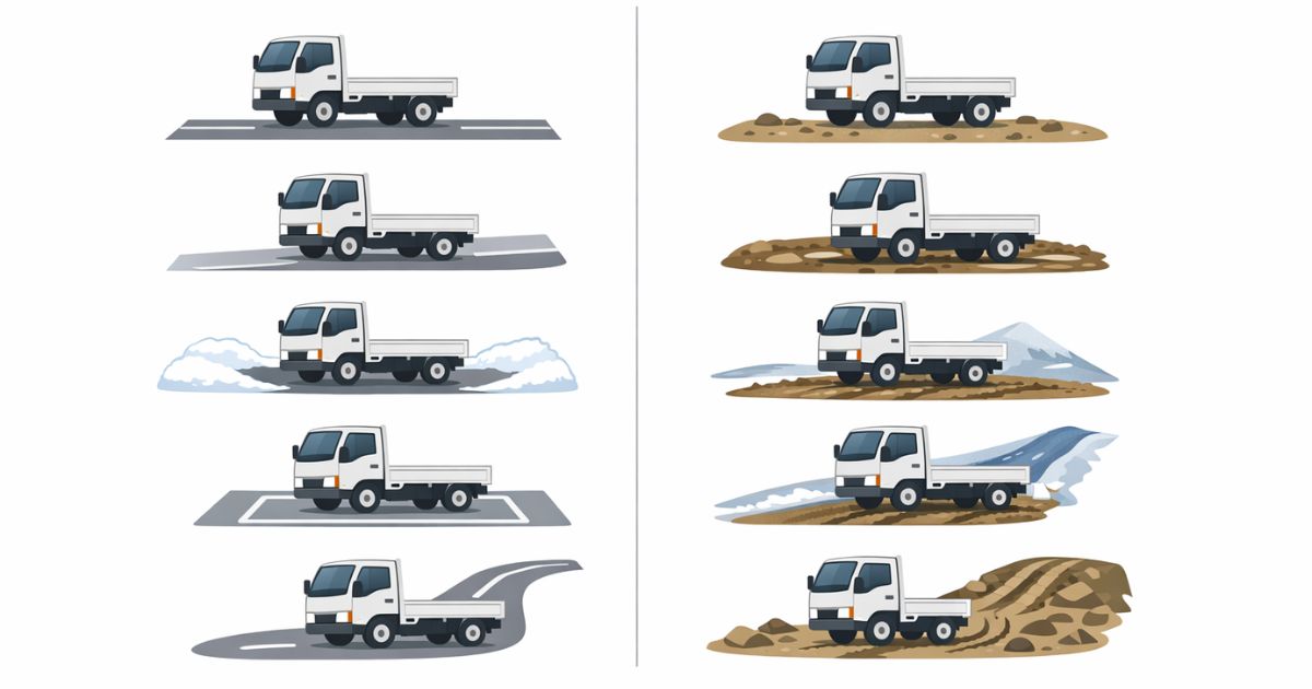 2トントラックの2WDと4WDで向く路面条件の違いを比較した図