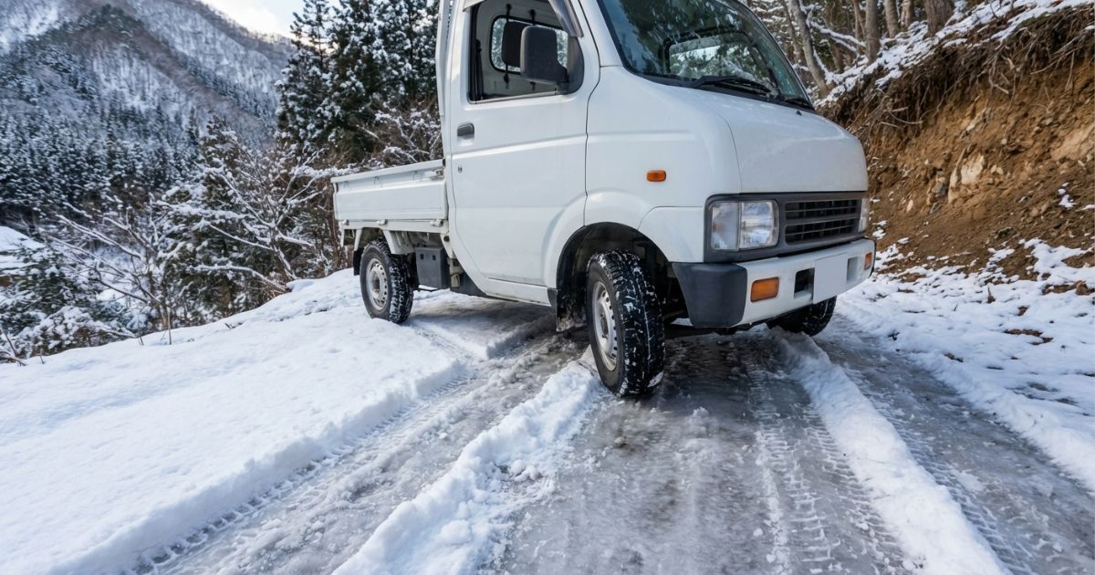 雪が残る坂道と轍のある進入路で2トントラックが現場へ入ろうとしている様子（4WD検討のイメージ）