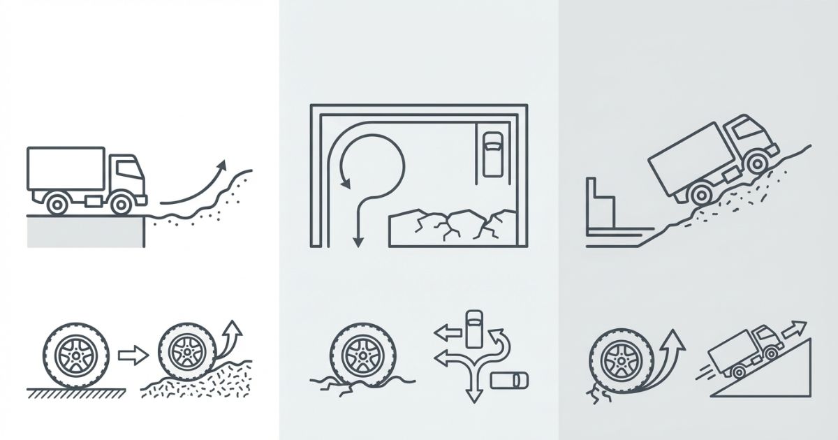2トントラックの4WD要否を判断するために進入路・現場内・退出路の3点を分けて確認するイメージ図
