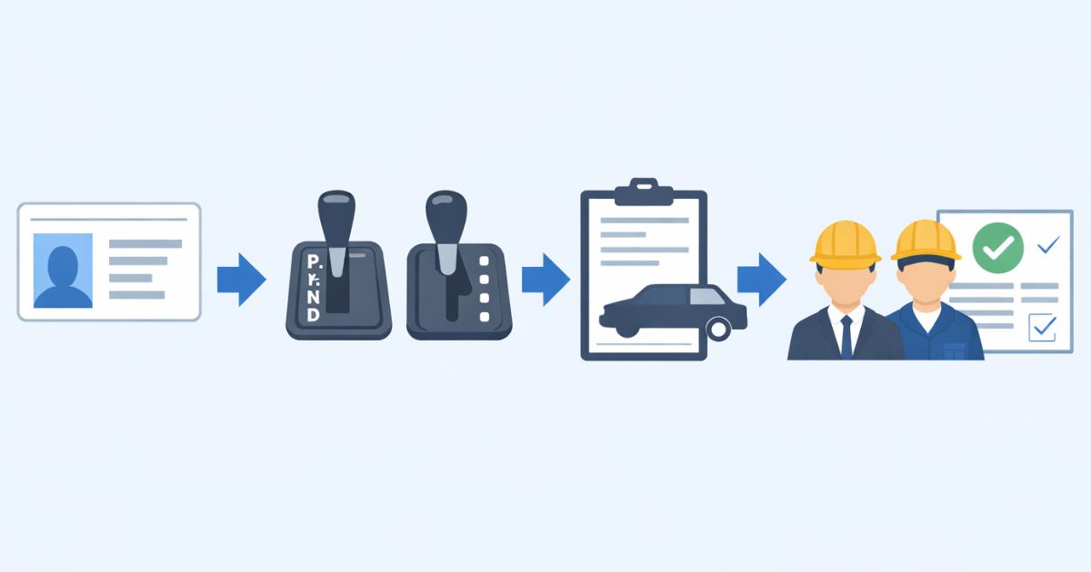 AT限定で2トントラックを運転する前の確認手順を示したフロー図