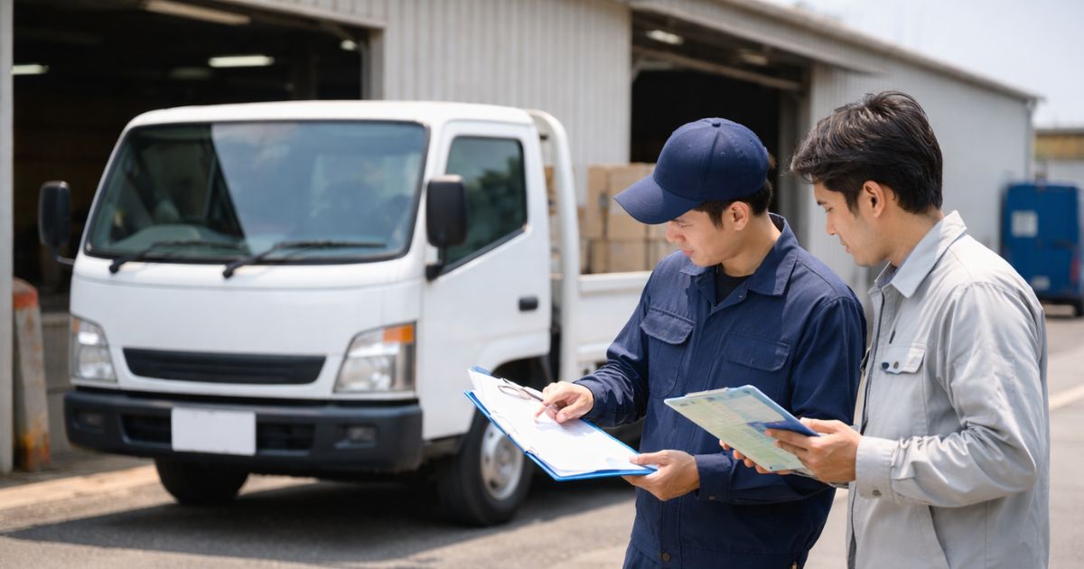 2トントラックの手配前に免許条件と車両情報を確認している現場イメージ