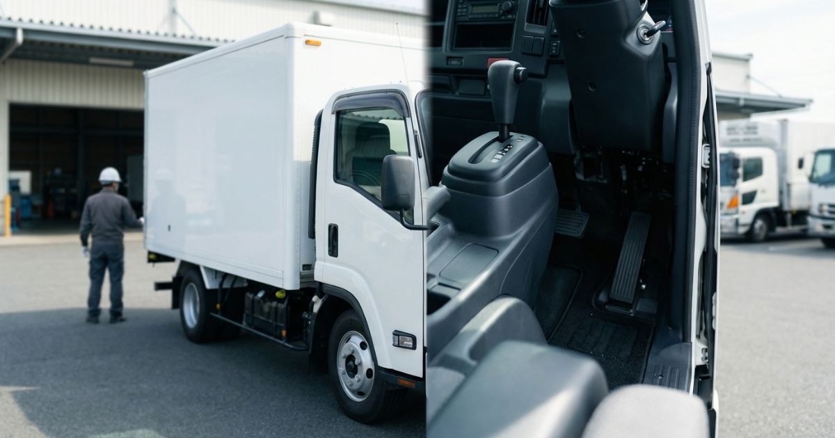 AT限定で運転可否を確認するために、倉庫前に停車した2トントラックを点検している様子（文字やロゴなし）