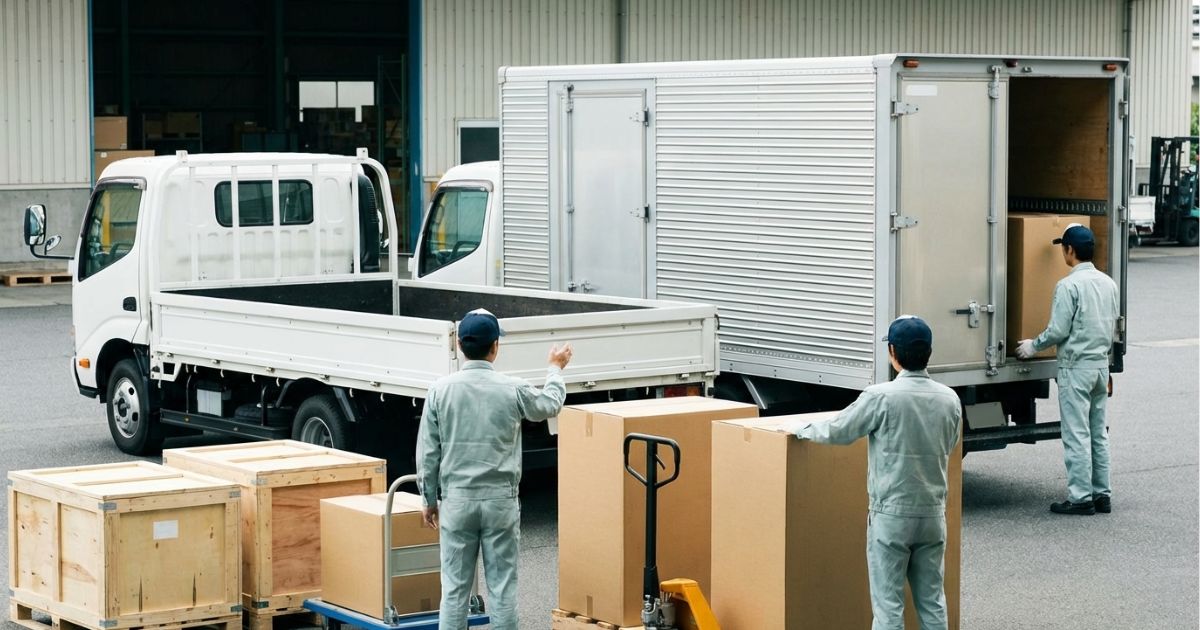 2トントラックの平ボディと箱車を見比べ、荷台寸法の違いを確認している様子