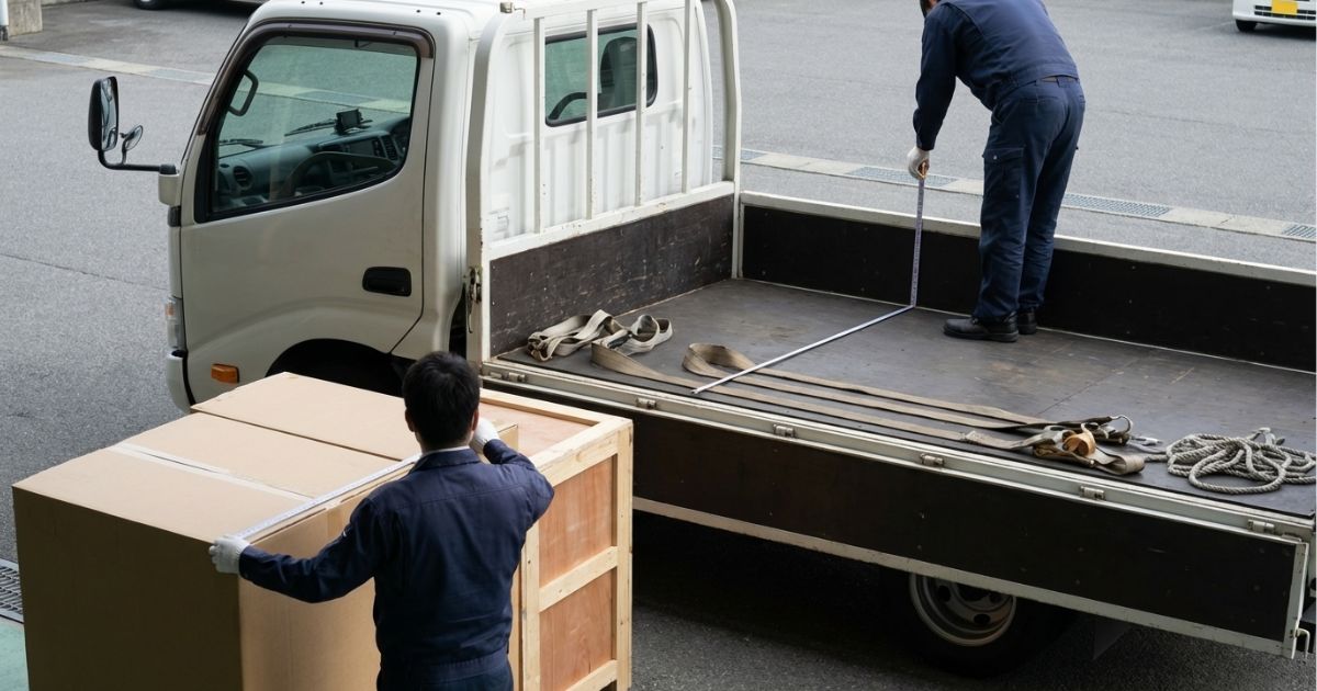 荷台に載せる荷物の寸法を確認し、2トントラックの内寸と積み方を検討している様子