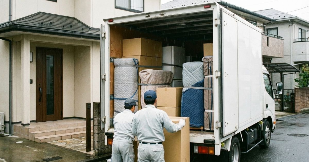 2トントラックの箱車に引っ越し荷物を積み込んでいる作業風景