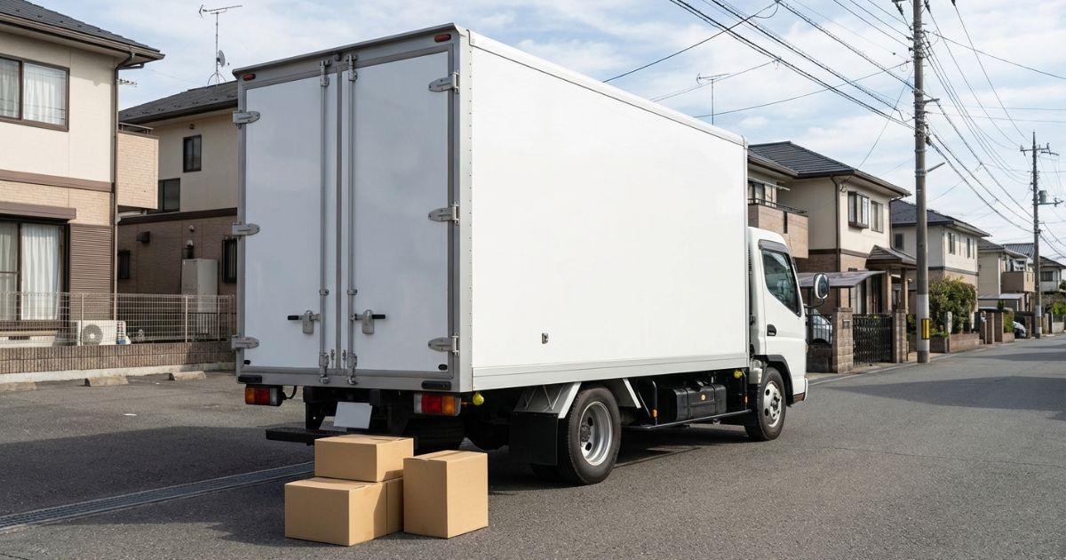 住宅街で停車した2トントラックの箱車の後方に段ボール箱が置かれ、引っ越し作業を想定した様子
