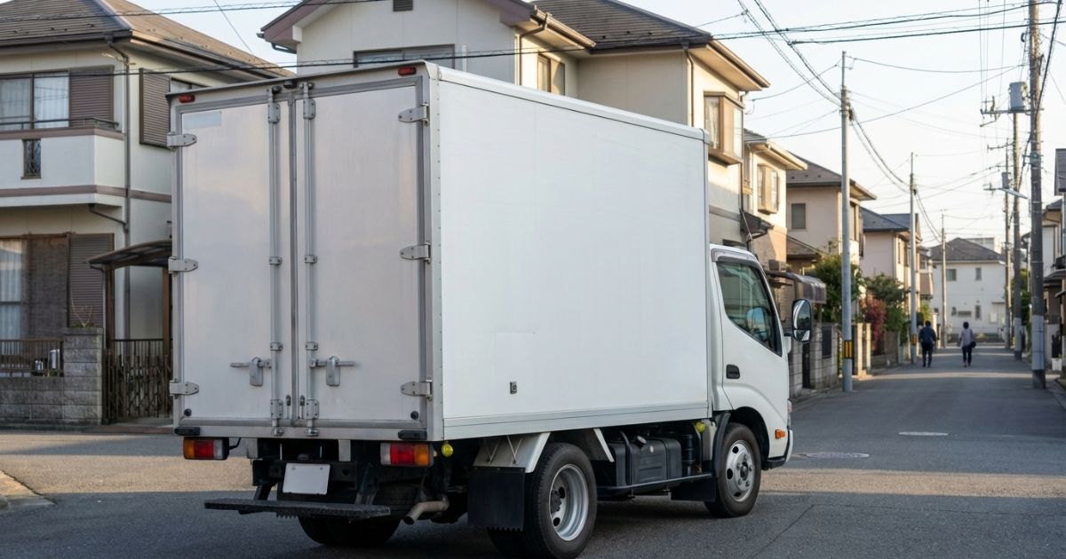 2トントラックの箱車が扉を閉めて停車しており、荷物を保護して運べるイメージ