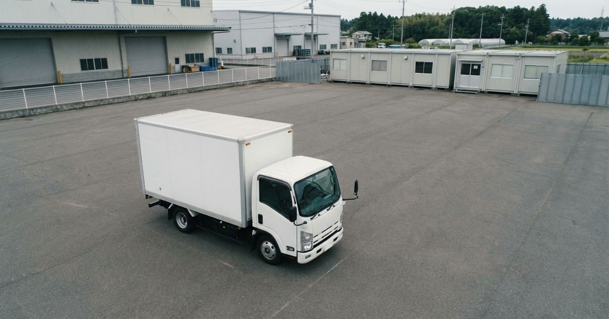 広いヤードに停車している2トントラックの箱車(アルミバン)を俯瞰で見た様子