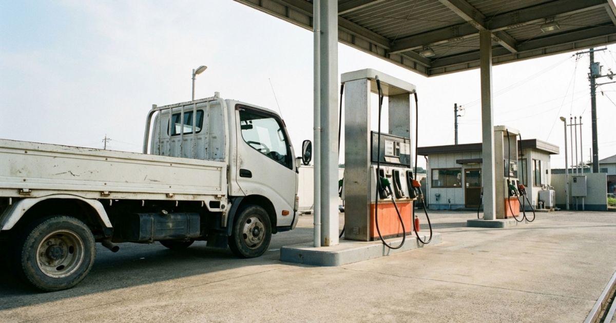 返却前の給油を行う2トントラックと地方のガソリンスタンドの様子