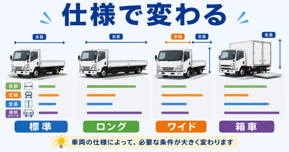 2トントラックの標準・ロング・ワイド・箱車で駐車条件が変わることを示す比較図解