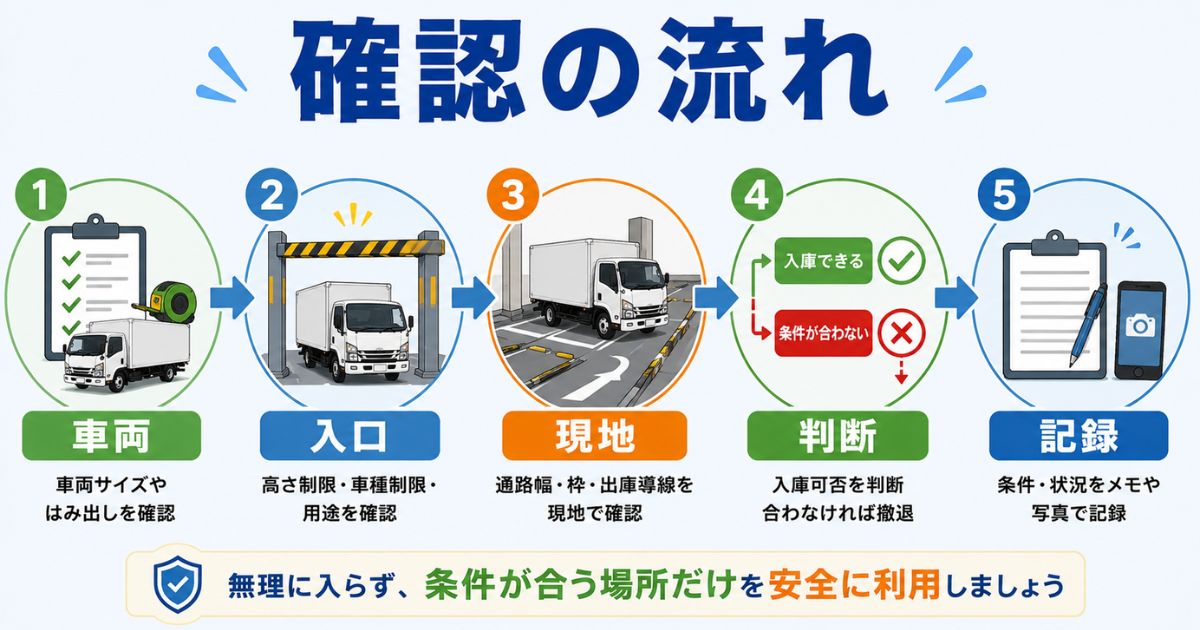 2トントラックでコインパーキング利用前に車両確認から記録まで進める流れを示す図解