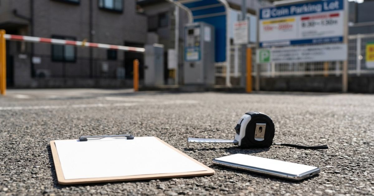 コインパーキングの高さ制限や規約条件を現地で確認するイメージ