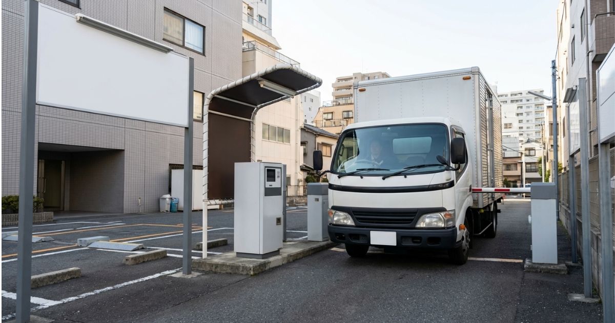 2トントラックがコインパーキング入口で入庫可否を判断しているイメージ