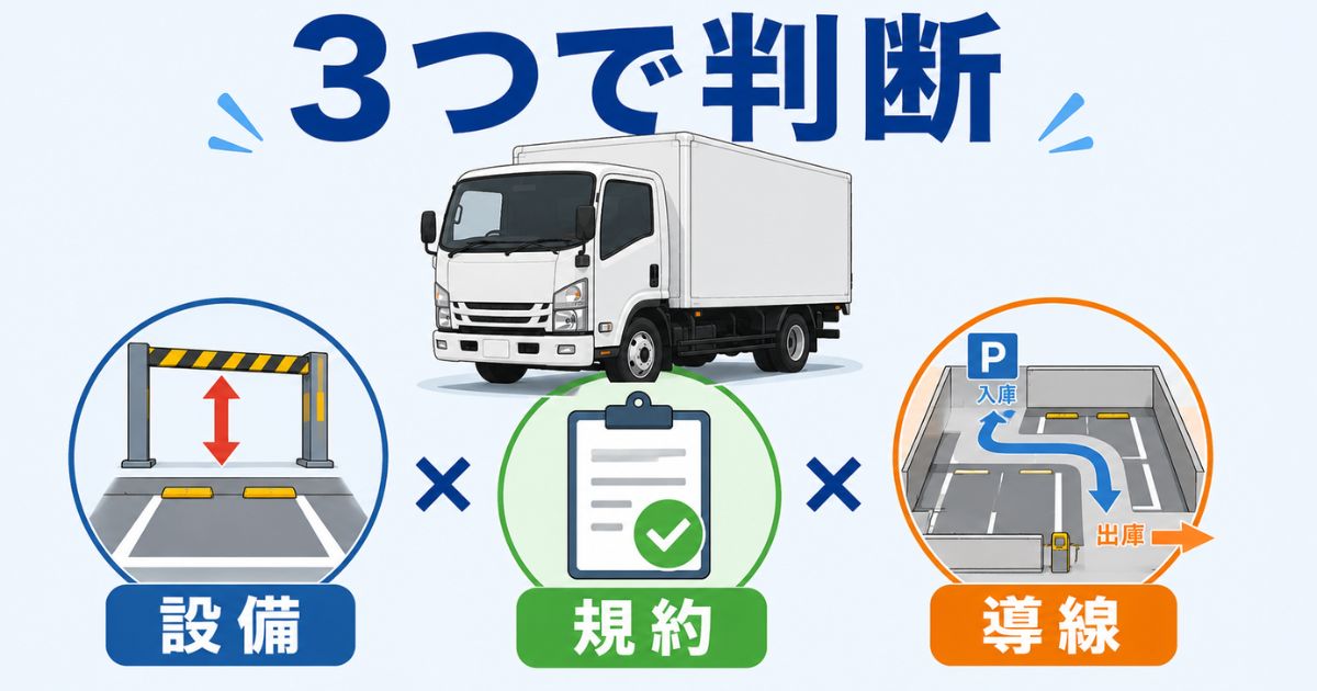 2トントラックをコインパーキングに停める条件を設備・規約・導線の3つで判断する図解