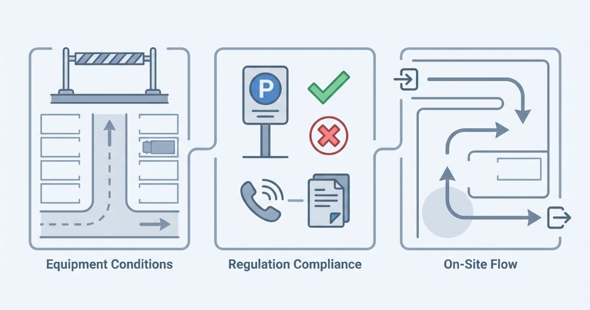 コインパーキング利用可否を設備条件・規約・現地導線で整理した図