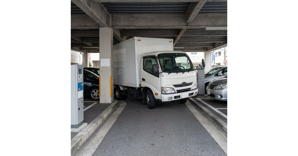 2トントラックがコインパーキング内の通路幅と切り返し余地を確認するイメージ