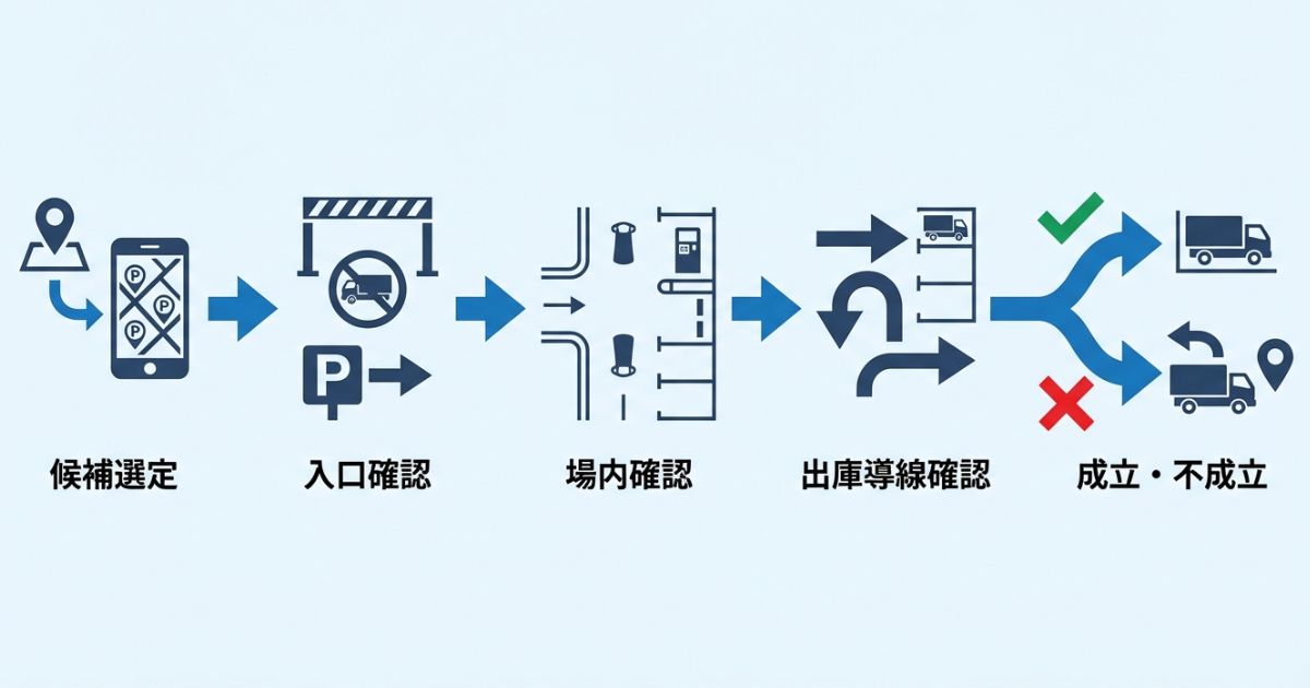 到着前から現地確認と撤退判断までの流れを整理した図