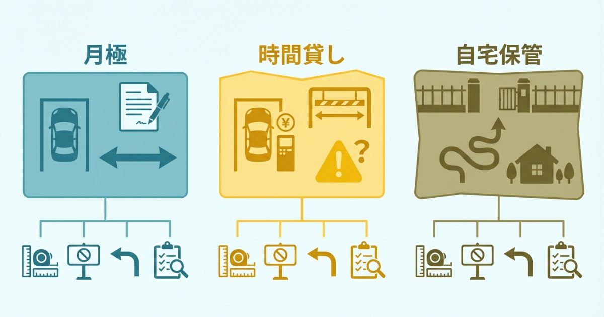 月極とコインパーキングと自宅保管の違いを比較した図