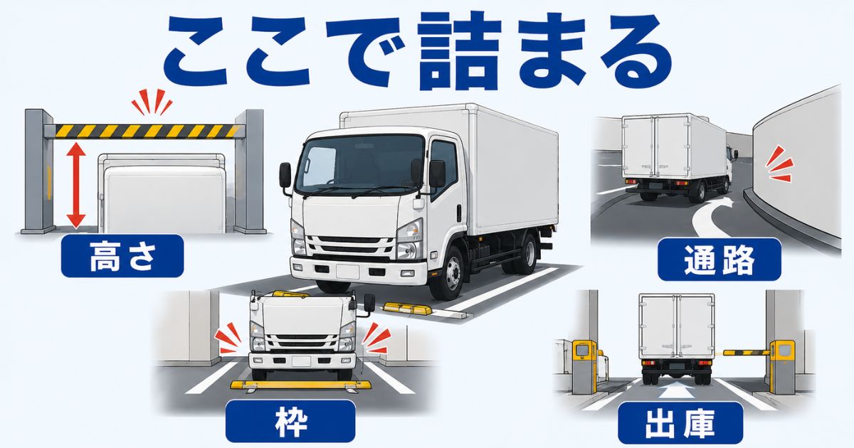 2トントラックがコインパーキングで高さ・枠・通路・出庫導線に詰まりやすい理由を示す図解
