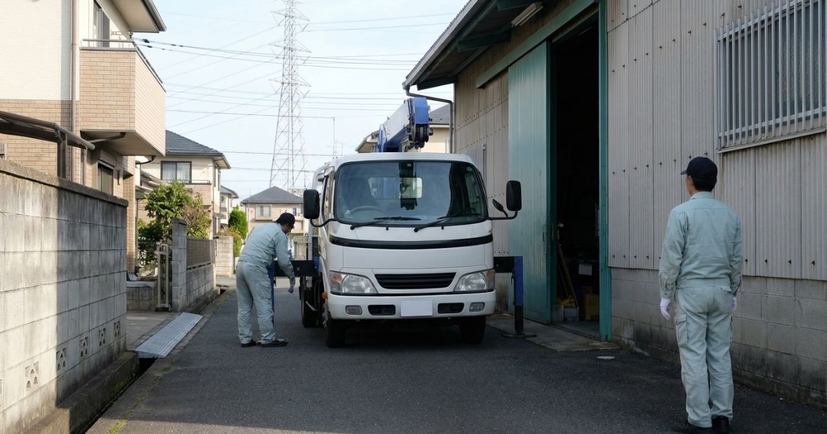 2トントラックのクレーン作業前に、アウトリガー展開スペースと上空障害、動線分離を確認している様子