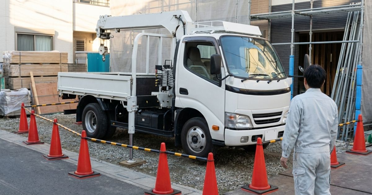 2tクレーン付きトラックの停車位置と吊り位置の距離を確認し、作業半径で成立可否を判断している場面