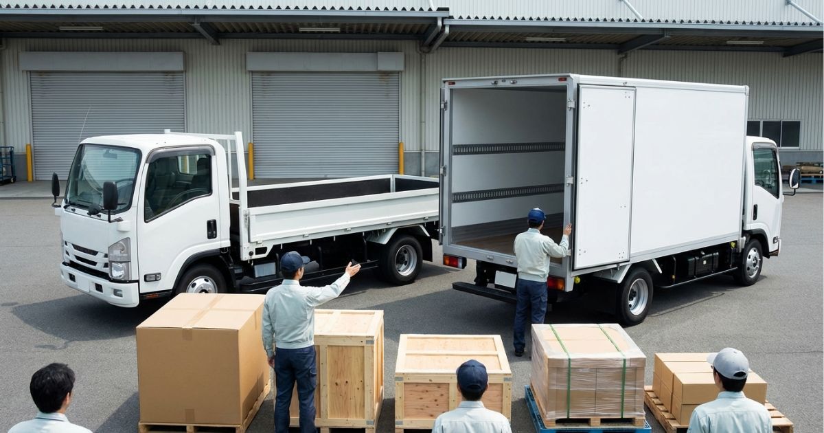 2トントラックの荷台に箱物を積み、立米の目安を体感できるようにしたイメージ