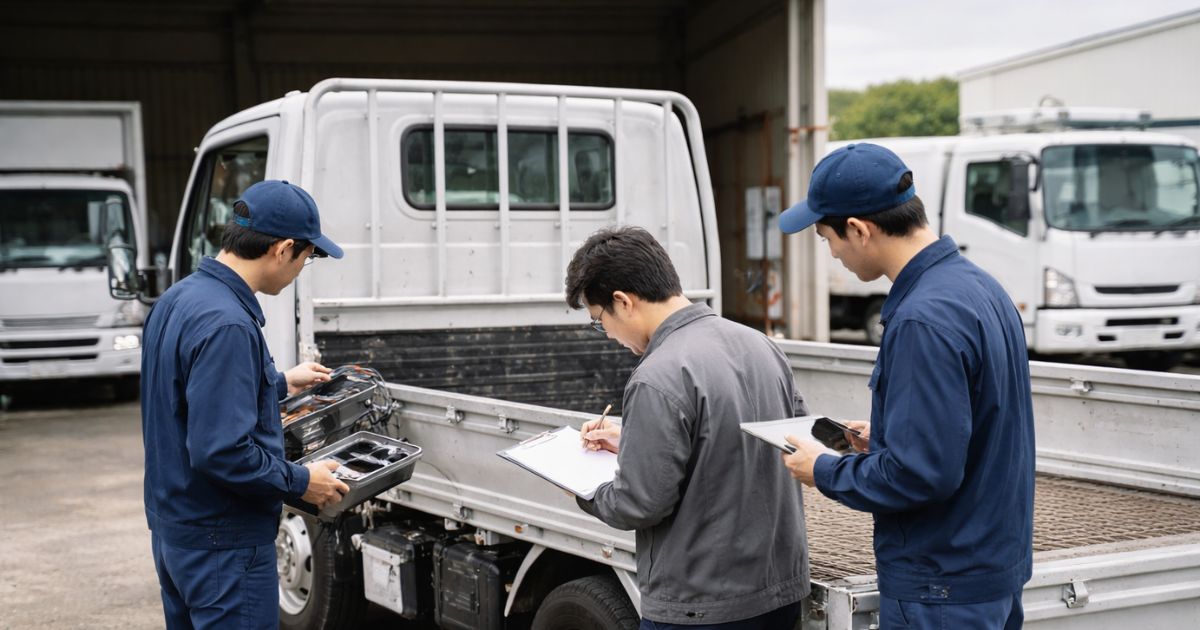中古の2トントラックを見ながら追加装備の可否を確認する現場イメージ
