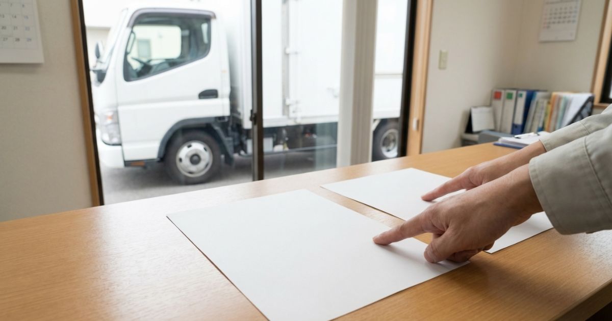 手配前に免許条件と車両情報を照合するための書類確認シーン（白紙で文字なし）