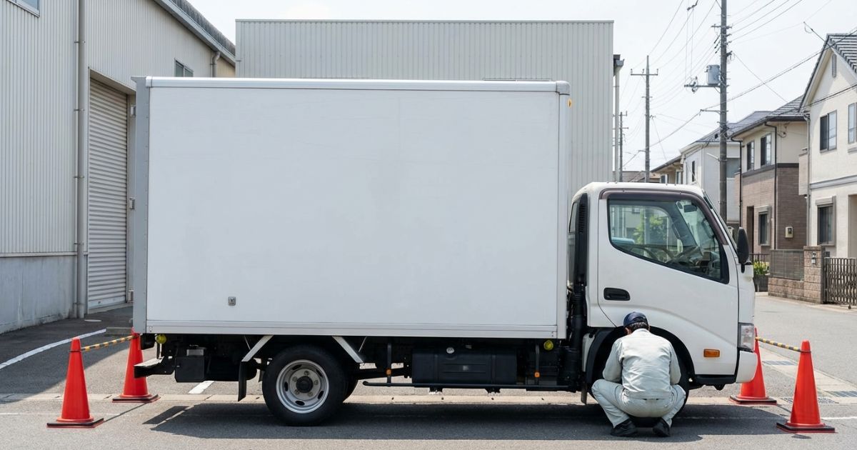 2トントラックの運転が不安な初心者が、出発前に車両まわりを安全確認している様子