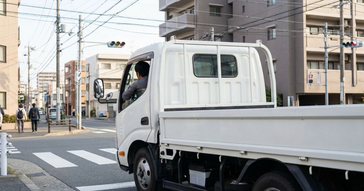 交差点手前で停止し、ミラーと周囲を確認してから進行しようとしている2トントラックの様子