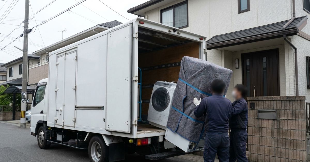 家具や家電を養生して積む様子(箱車の開口や高さの制約を意識したイメージ)