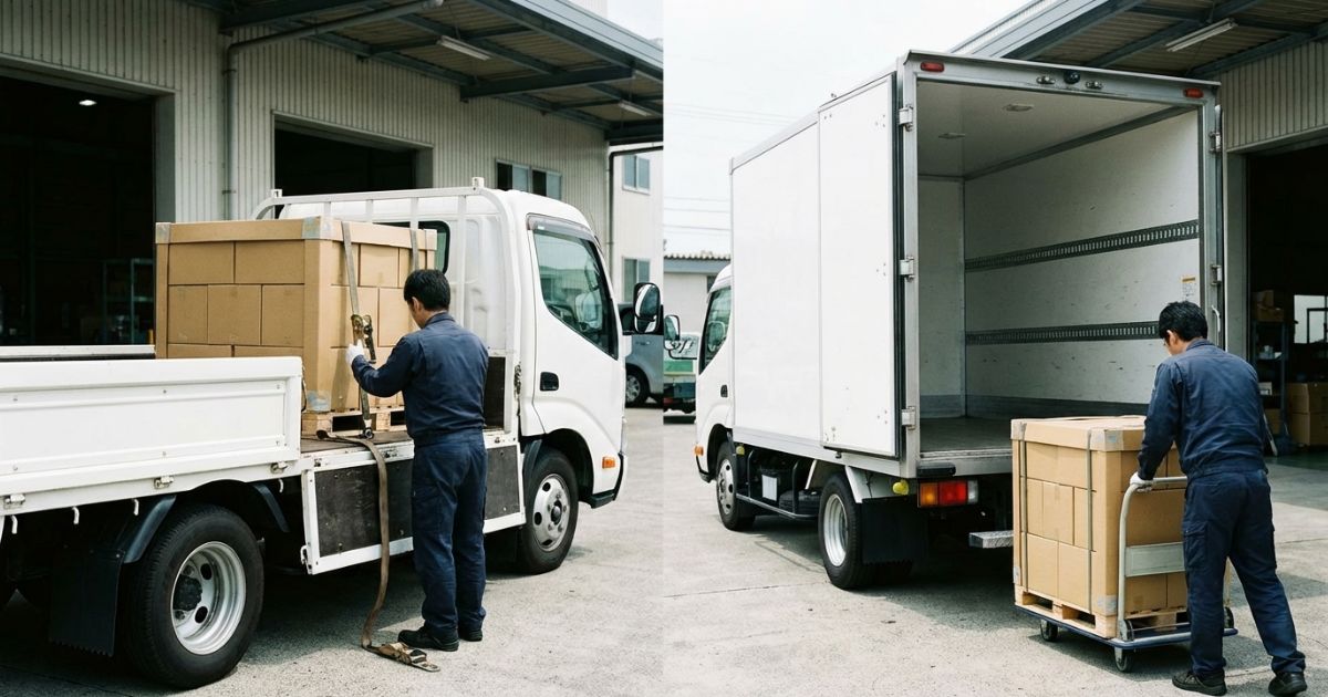 平ボディの固定準備と、箱車の開口確認を同じ条件で見比べている様子