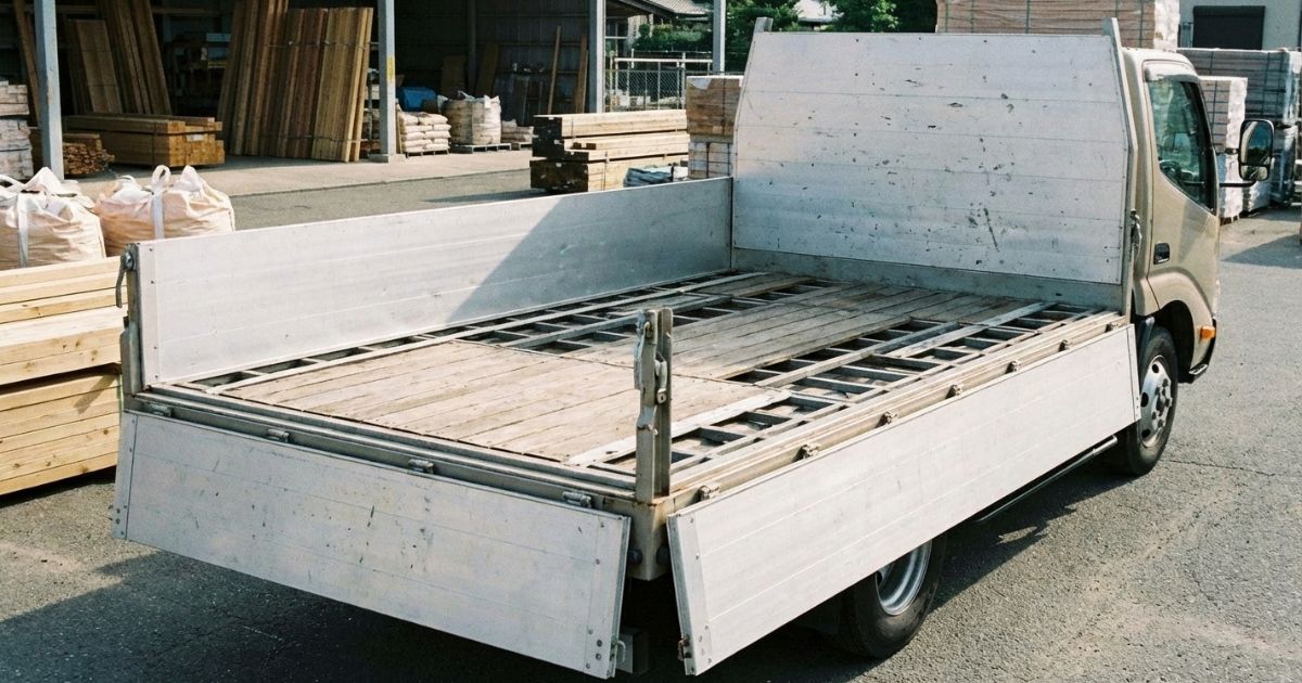 2トントラック平ボディの荷台構造とあおりの特徴が分かる様子