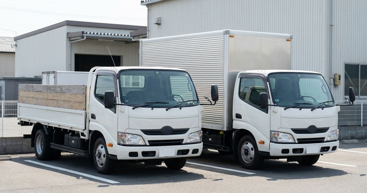 2トントラックの平ボディとアルミバンが並び、荷室形状の違いが分かる比較イメージ