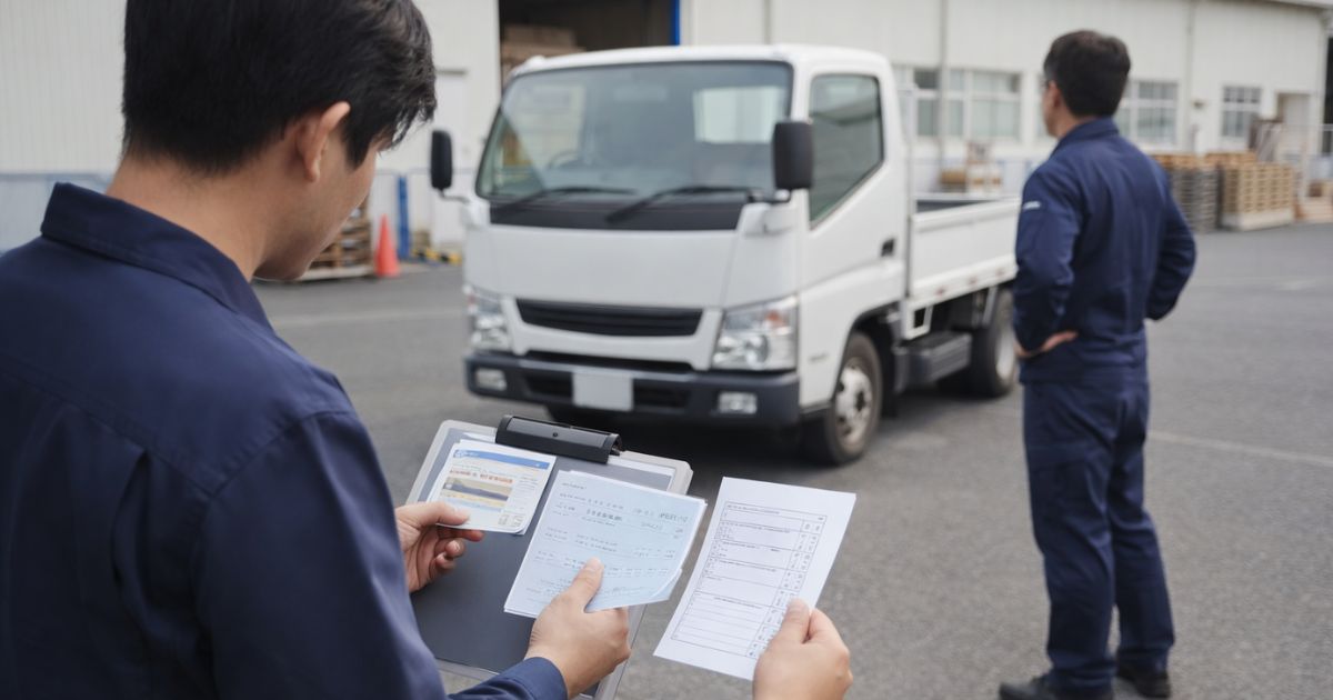 免許証写しと車検証写しを現場で照合している2トントラック手配確認のイメージ