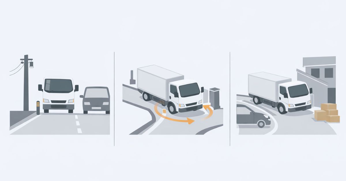 狭い道で運用難易度が変わる要素を比較した図解