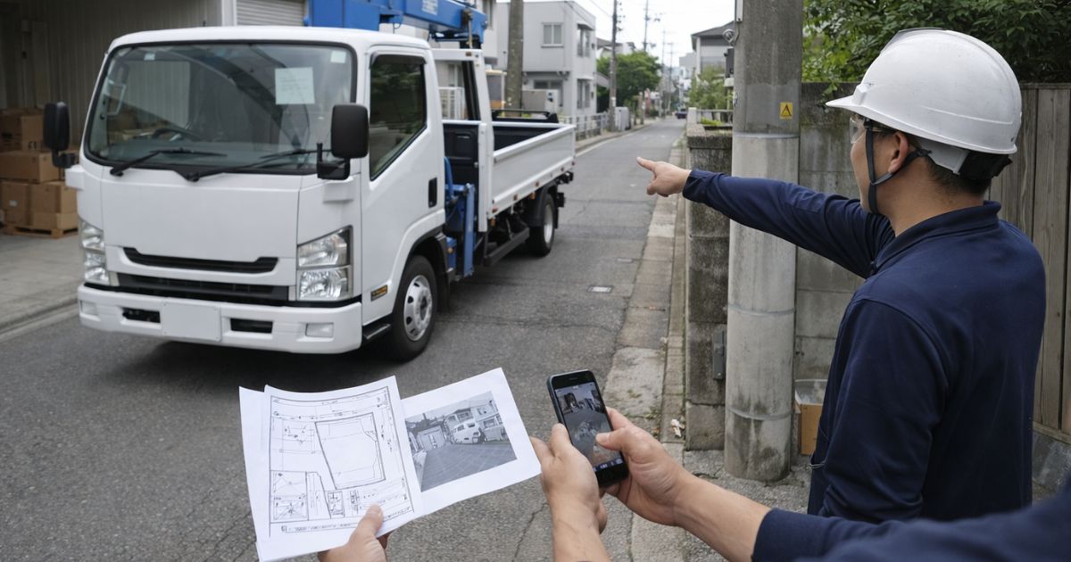 2トントラックの進入条件と停車位置を現場で確認しているイメージ