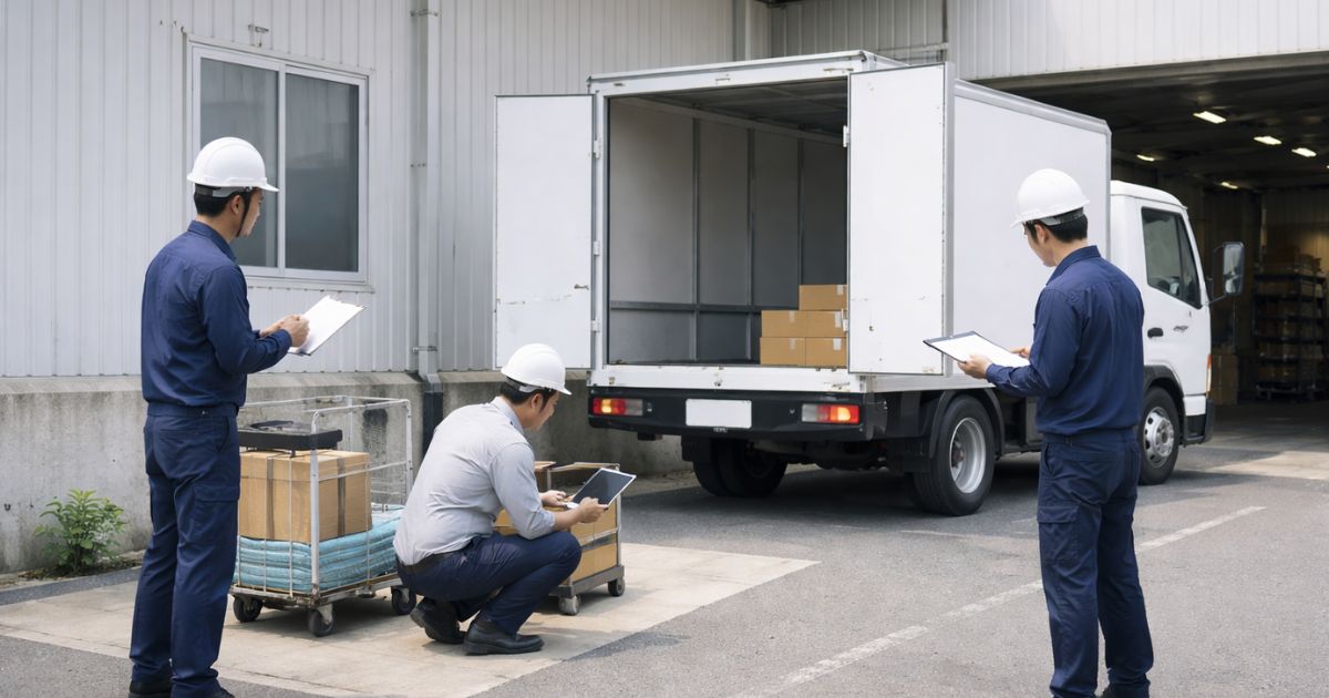 2トントラック箱車の手配前に条件確認をしている現場イメージ