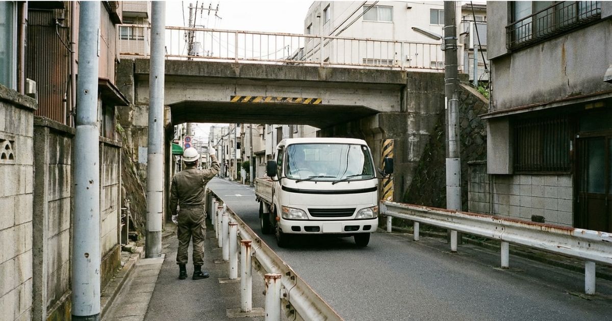 高架下の手前で2トントラックが減速し、最小高ポイントを事前確認している様子