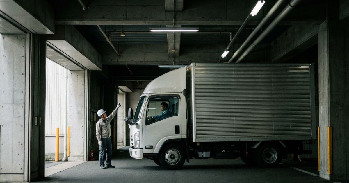 倉庫入口を通過した後、梁や照明の位置を確認して停車場所を検討している2トントラックの様子