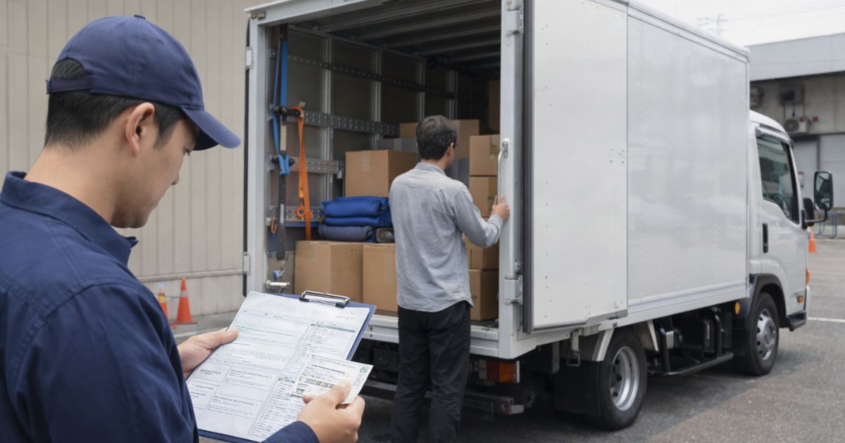 2トントラック引っ越し前に免許条件や車両情報を確認している様子