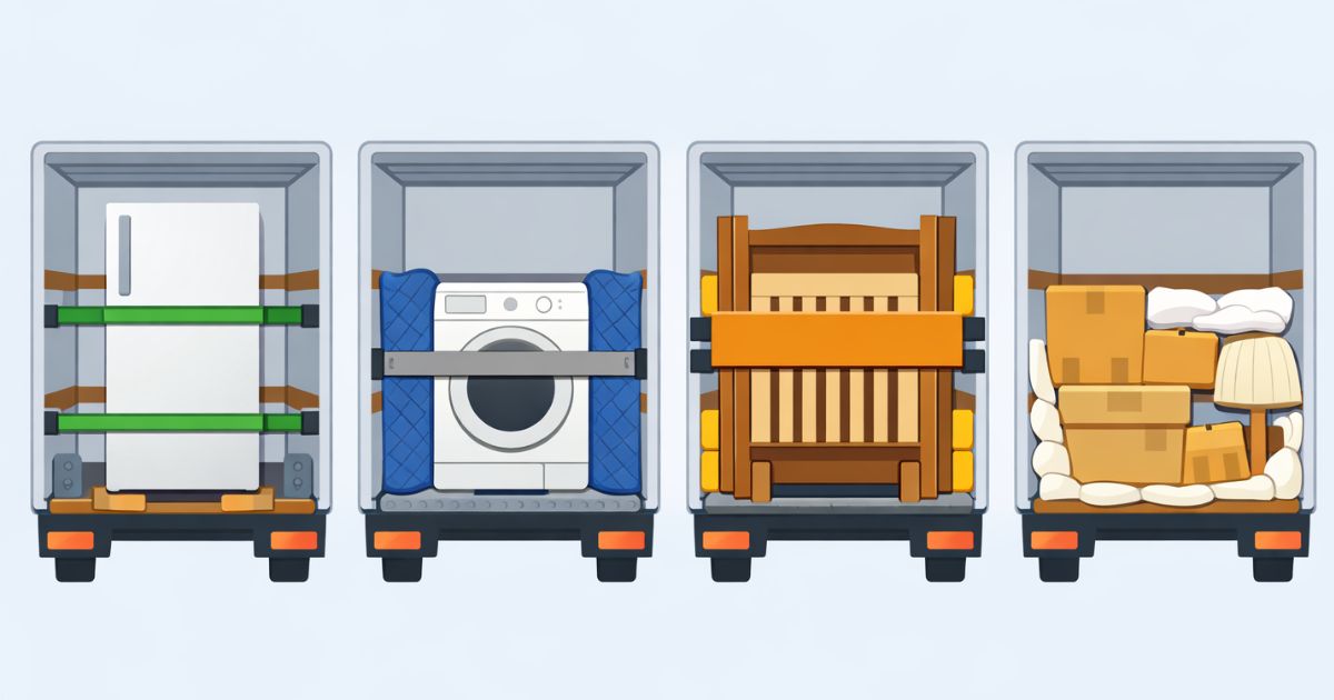 家具や家電ごとの置き場所と固定方法の違いを整理した図