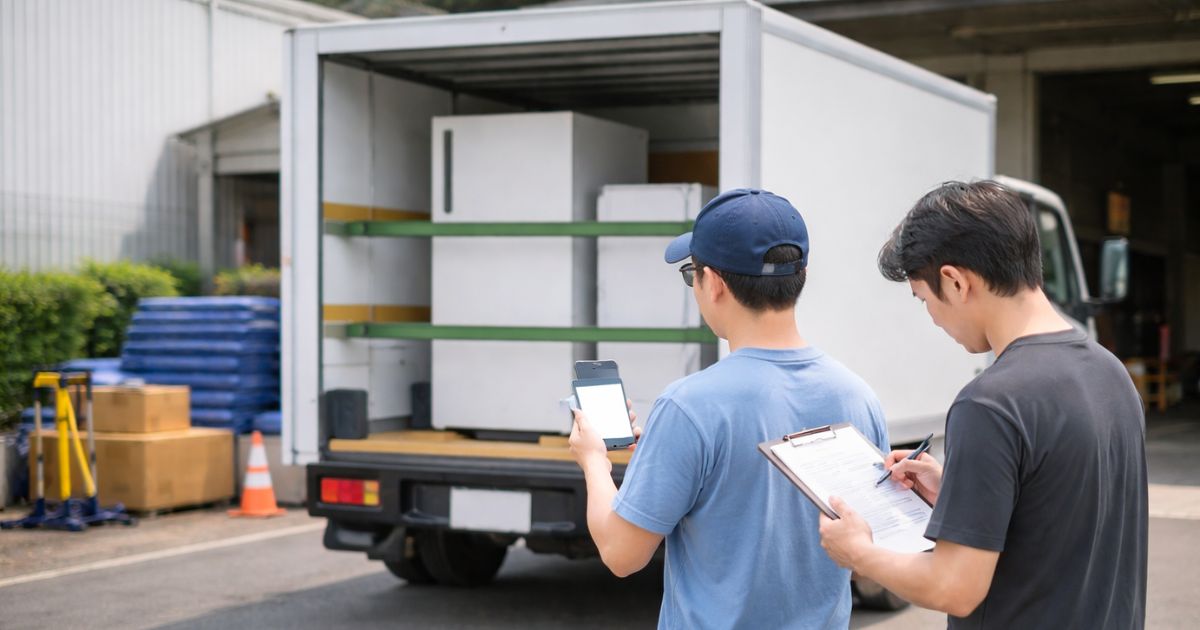 2トントラック出発前に免許や返却条件を確認している現場イメージ