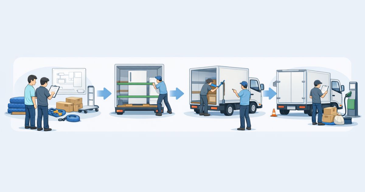 引っ越し当日の準備から返却までの流れを示した図解
