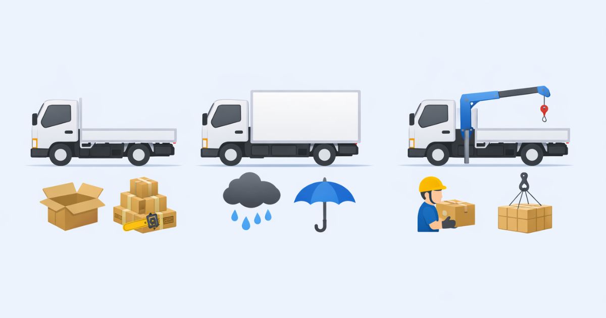 平ボディと箱車とクレーン付きトラックの違いを比較した図
