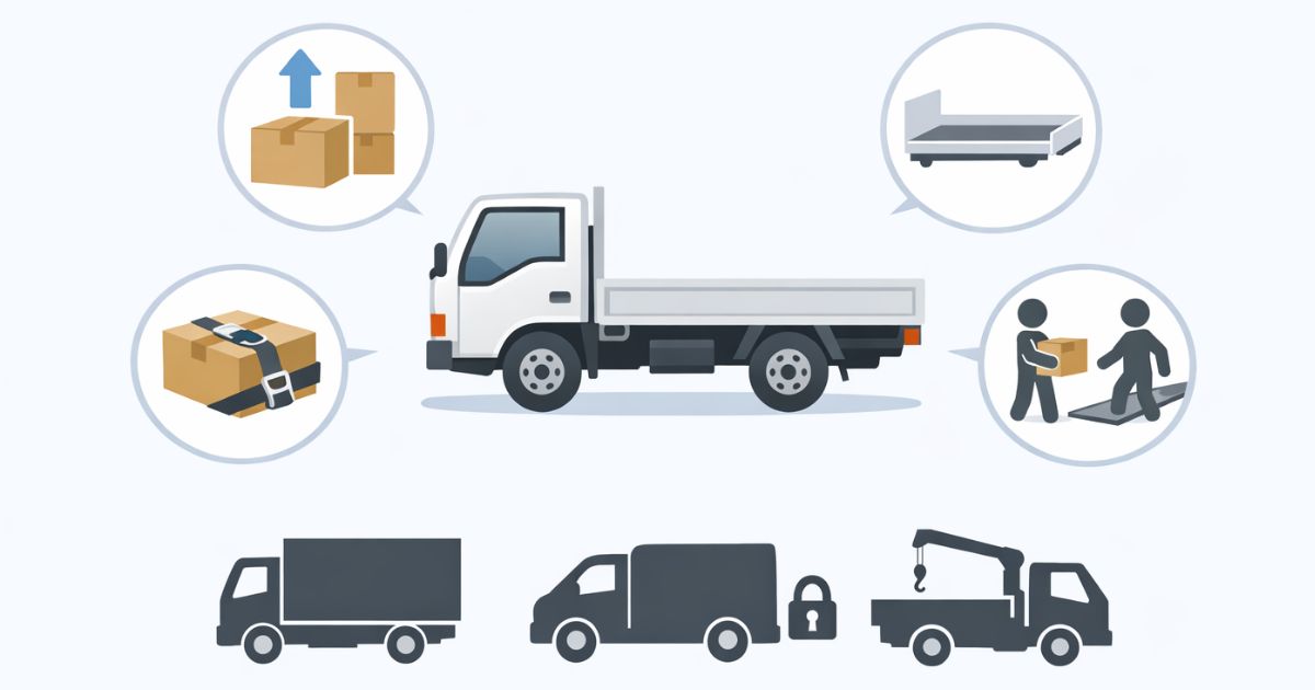 2トントラック平ボディが向く条件と向かない条件の判断軸を示す図