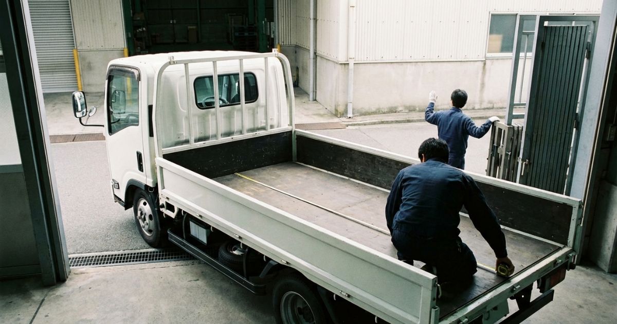 2トントラックの荷台内寸を確認しつつ、車体外寸で進入スペースも意識している様子