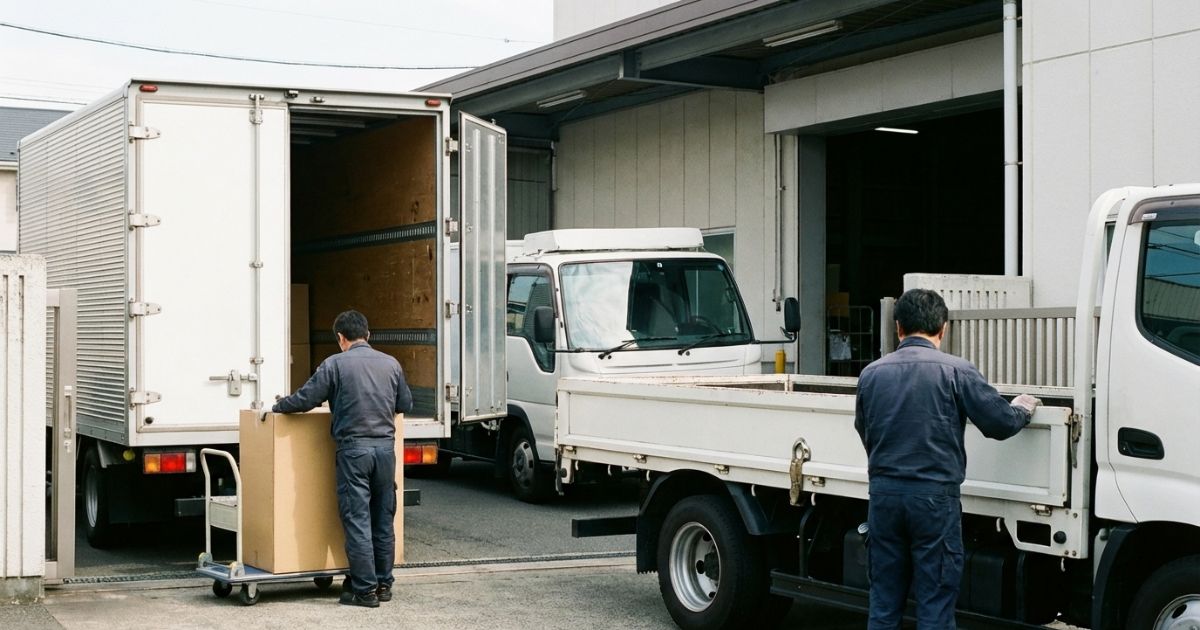 2トントラックの内寸と外寸を意識し、平ボディと箱車で成立条件を確認している様子