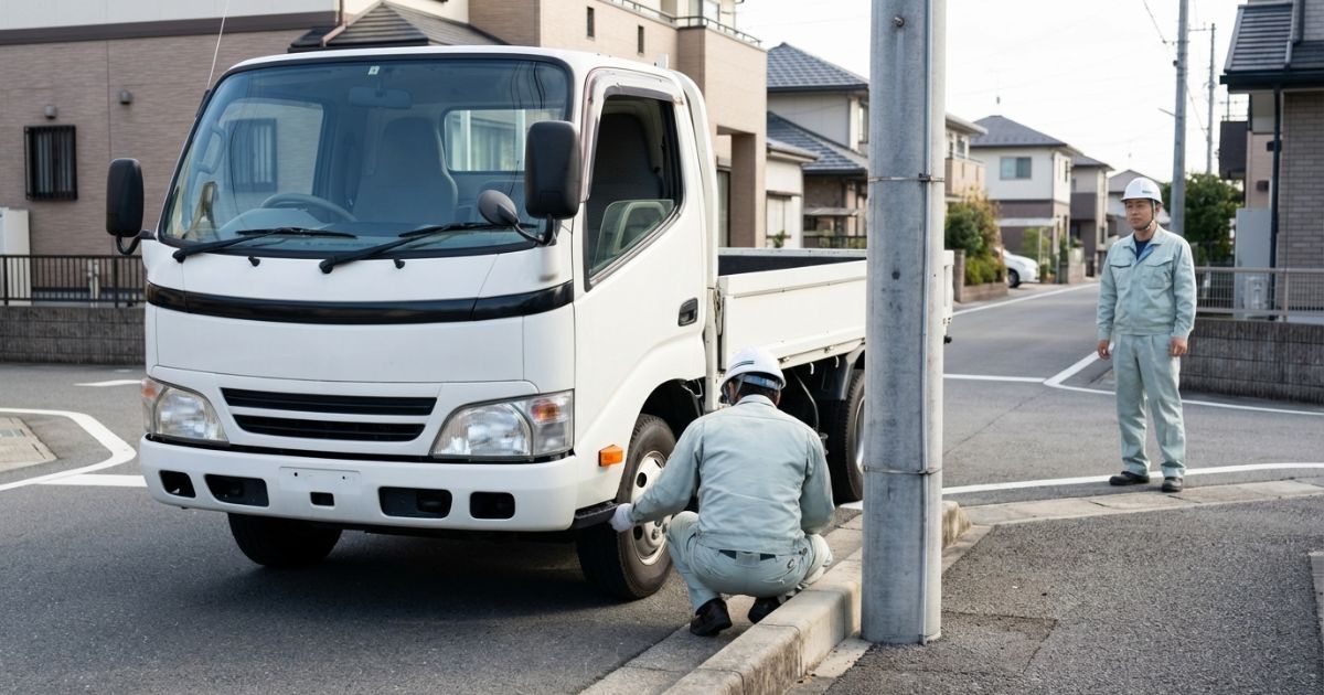 2トントラックが左折前に停止し、後輪の通過余裕を確認している様子