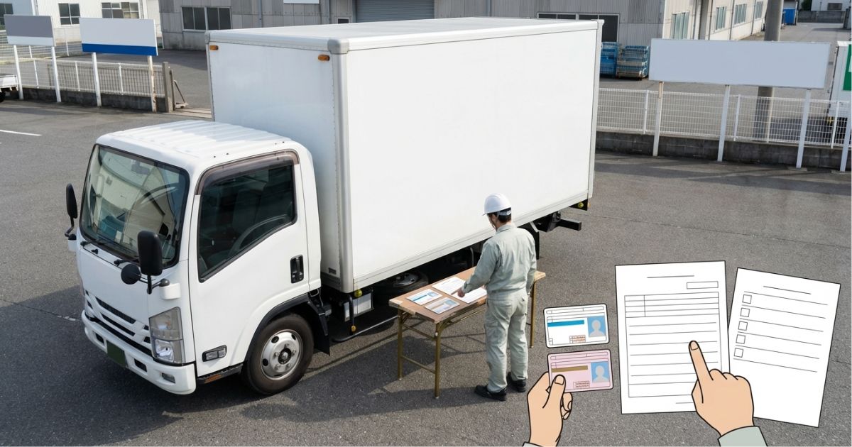 2トントラックの免許区分を普通・準中型・中型で照合して確認するイメージ